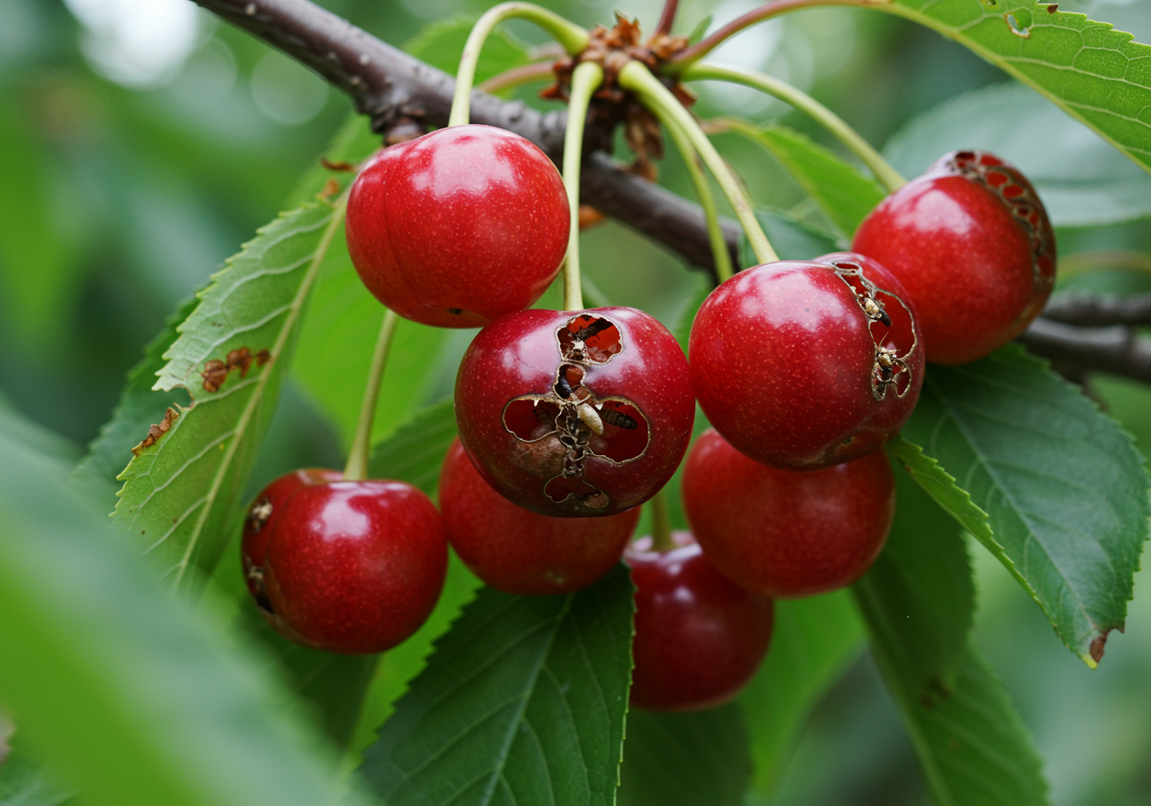 Cerises piquées par la mouche du cerisier