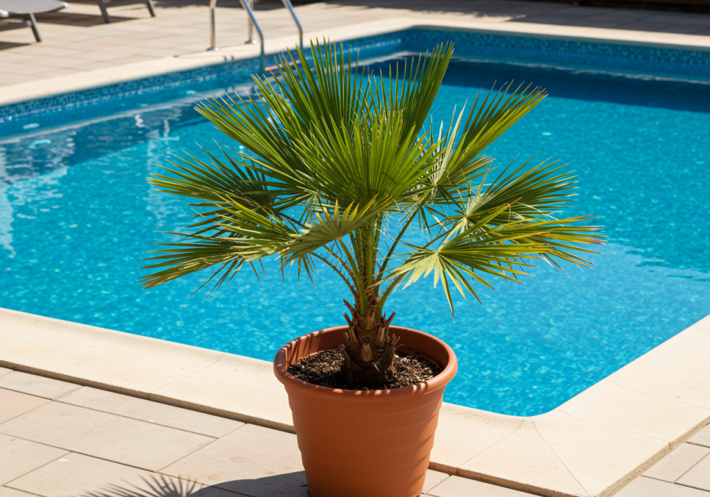 Chamaerops humilis en pot devant une piscine