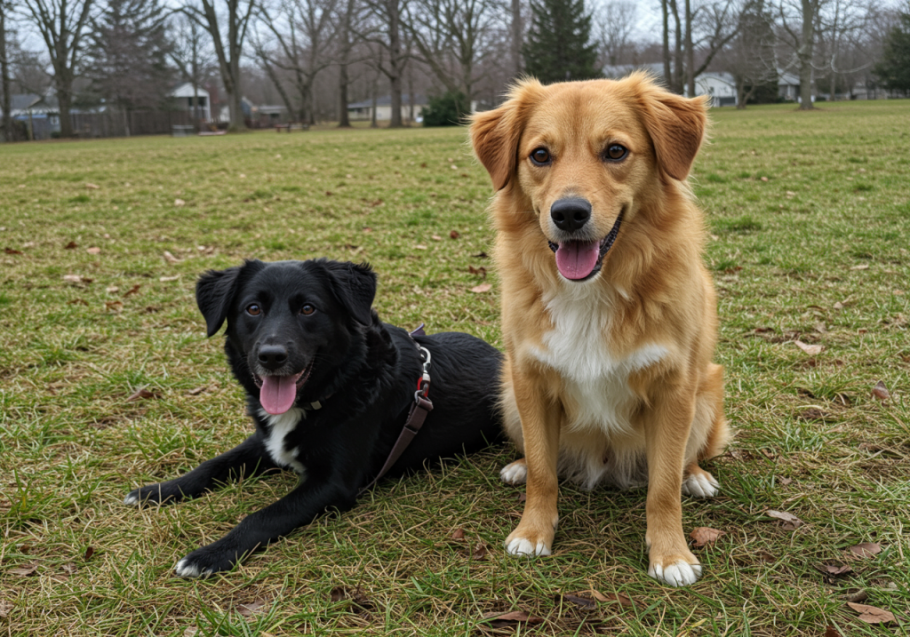 deux chien marron assis et noir couché au parc