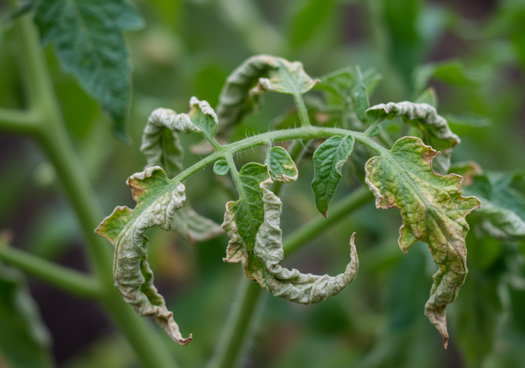 Feuilles de tomates èches et recroquevillées