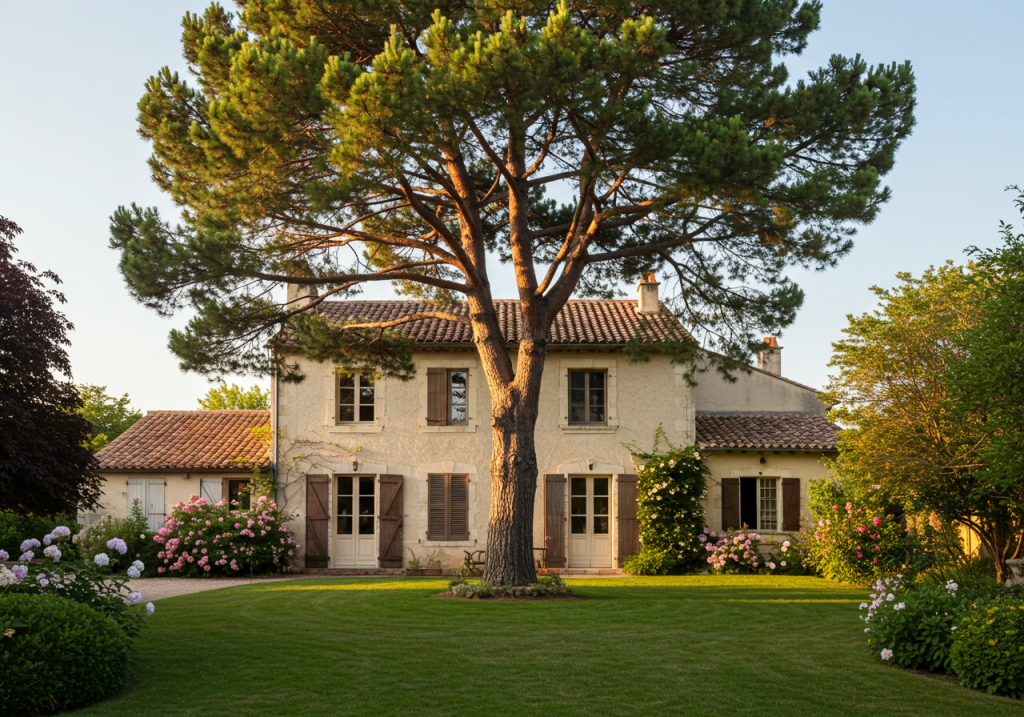 grand pin dans le jardin d'une maison